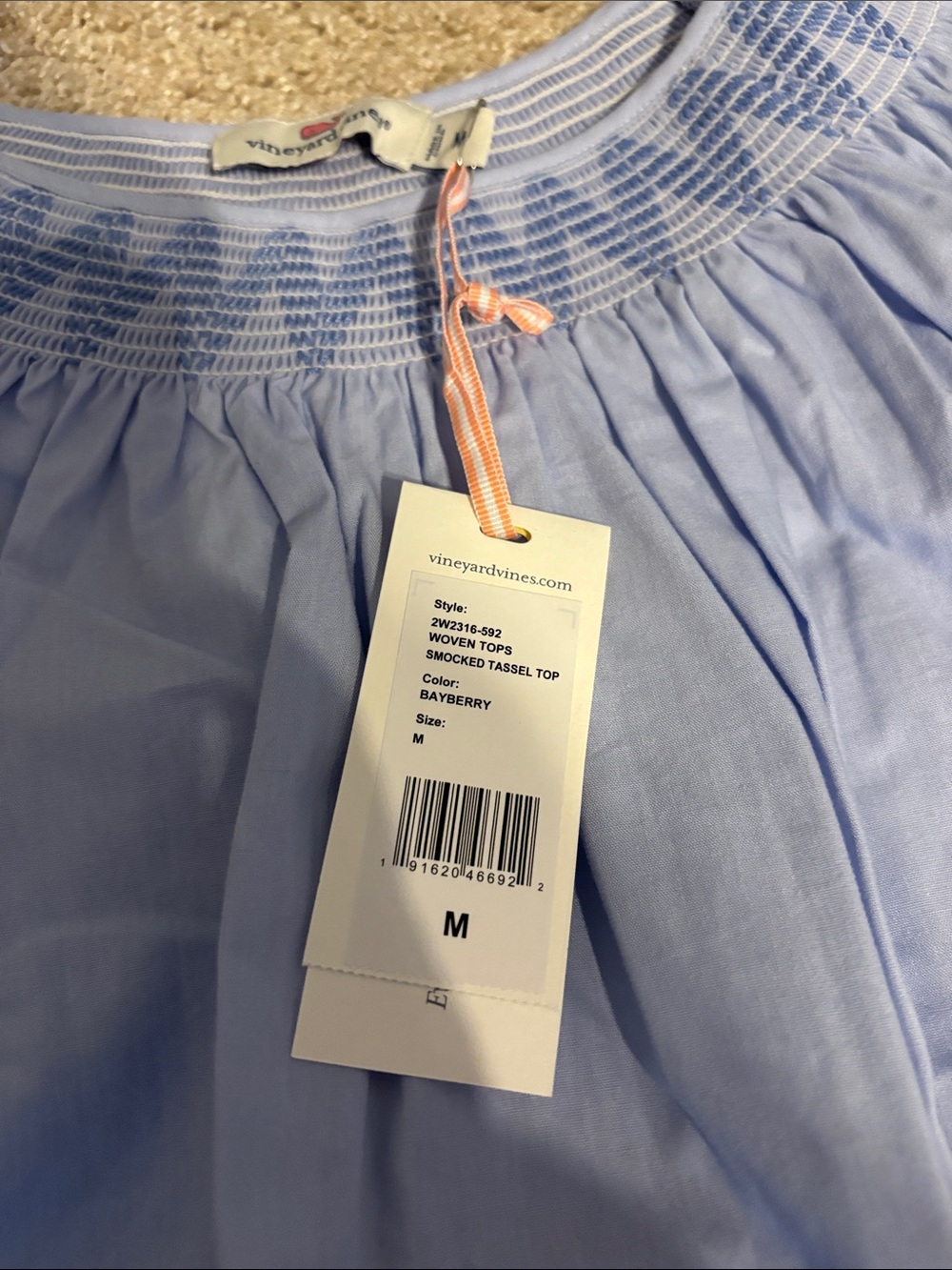 Vineyard Vines Light Blue Smocked Neck Tassel Sleeve Top - Picture 2 of 2